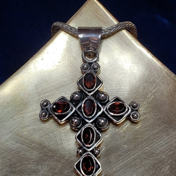Sterling Silver Ornate Garnet Cross Necklace - Picture 3 of 16